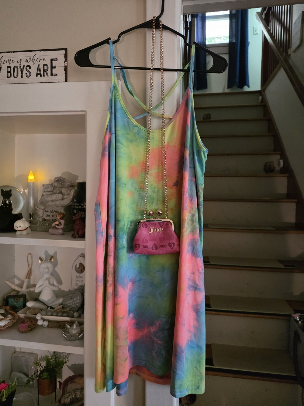 Shein Rainbow Tie-Dye Slip Dress/Bathing Suit Cover with JC Hot Pink Mini Bag